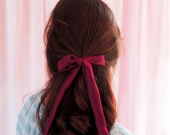 Burgundy Red Mulberry Silk Hair Ribbon Pony Scarf Tie- Sewn in the UK with 19 Momme Stretch Silk
