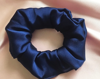 French Navy Blue Real Mulberry Silk Satin Astrid Scrunchie- Sewn in the UK