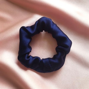 French Navy Blue Real Silk Satin Mini Hair Scrunchie- Sewn in the UK