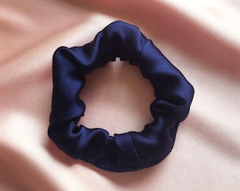 French Navy Blue Real Silk Satin Mini Hair Scrunchie