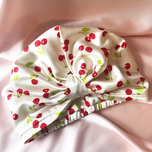 Cherry Print Real Mulberry Silk Sleep Cap- Fully Lined and Sewn in the UK