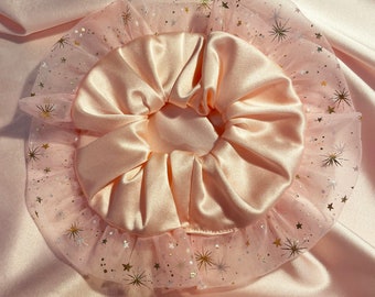 Maisie Shell Pink Double Ruffle Tulle and Silk Scrunchie