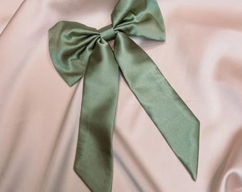 Pistachio Green Real Silk Euphrasie Hair Bow Ribbon Barrette Clip- Sewn in the UK