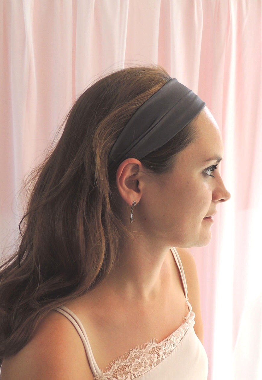 Dark Grey Real Stretch Mulberry Silk Headband- Sewn in the UK