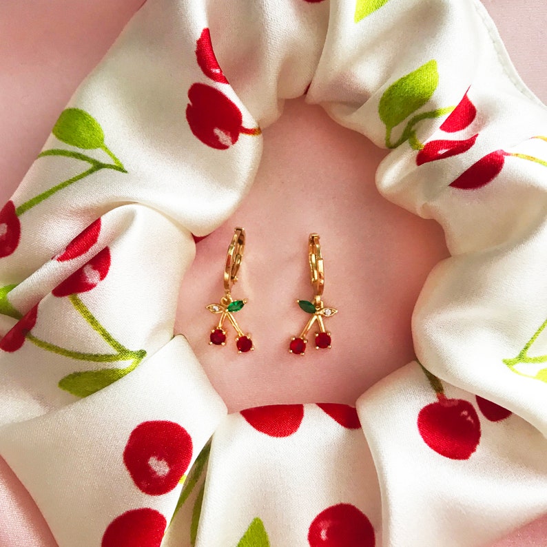 Necklace and Earrings Set Summer Cherry Silk Scrunchie
