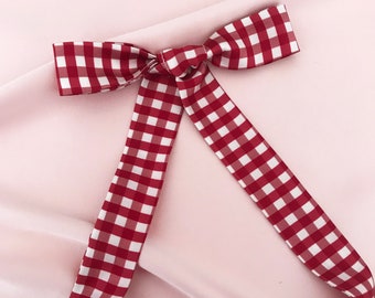 Könnte beinhalten: Eine rote und weiße Gingham-Schleife. Die Schleife ist zu einem Knoten gebunden und die Enden hängen herunter.