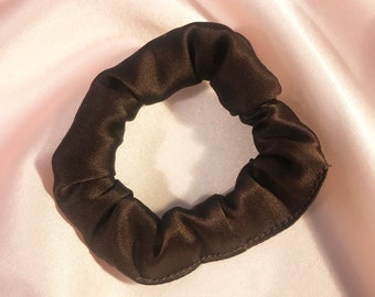 Espresso Brown Real Silk Satin Mini Hair Scrunchie- Sewn in the UK