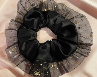 Maisie Onyx Black Double Ruffle Tulle and Silk Scrunchie