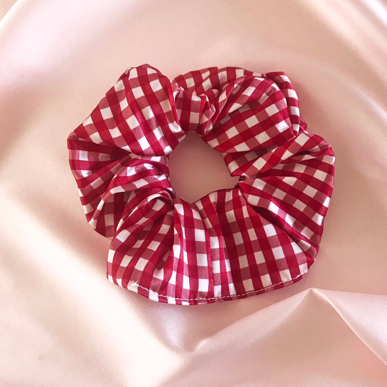 Gingham Print Real Mulberry Silk Super Scrunchie- Sewn in the UK