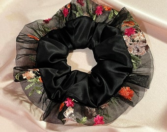 Maisie Onyx Double Ruffle Floral Tulle and Silk Scrunchie