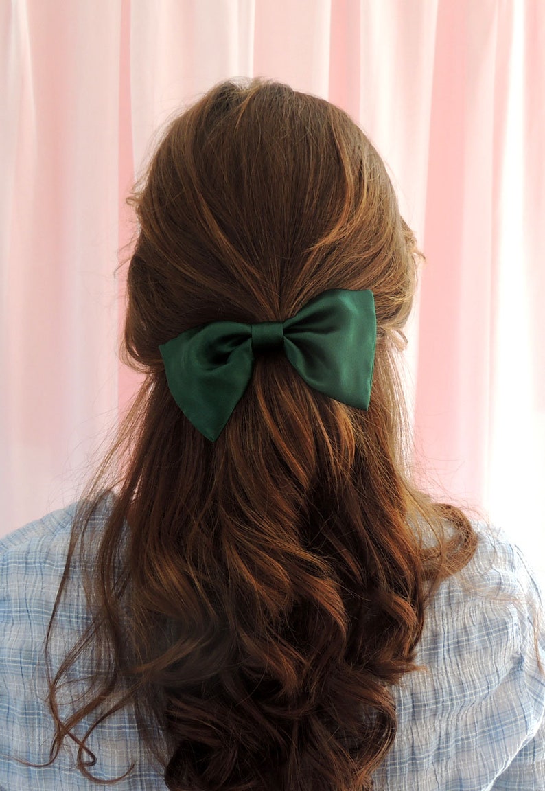 Emerald Green Real Silk Euphrasie Hair Bow Ribbon Barrette Clip image 6