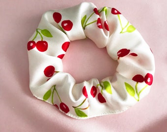 Summer Cherry Print Real Silk Satin Scrunchie