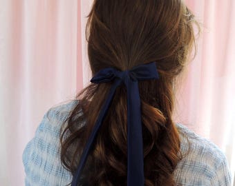 Navy Blue Real Silk Hair Ribbon Pony Scarf Tie