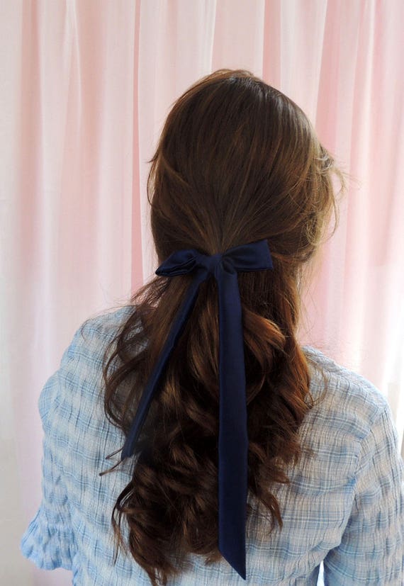 Navy Silk Hair Ribbon Pony Scarf Tie Etsy