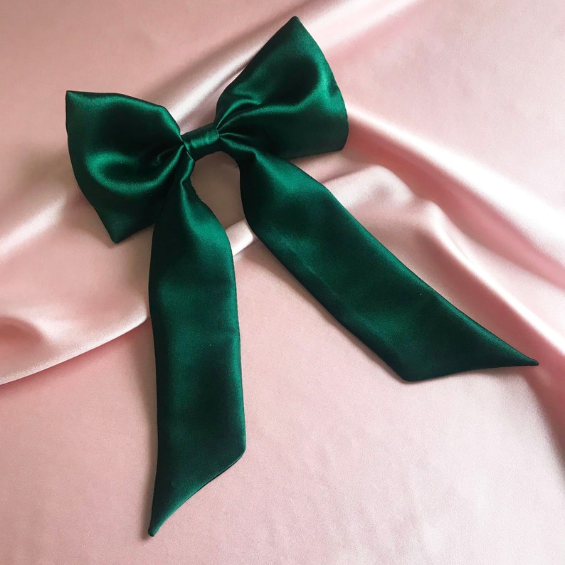 Emerald Green Real Silk Euphrasie Hair Bow Ribbon Barrette Clip image 1