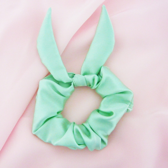 Mint Silk Knot Hair Tie Green Silk Bunny Ear Scrunchie Green Etsy