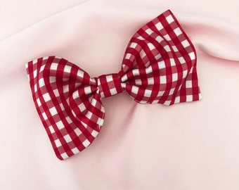 Red Gingham Real Silk Hair Bow Barrette Clip