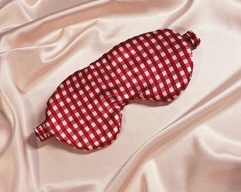 Large Mulberry Silk Eye Mask- Red Gingham Print Sleep Mask Sewn in the UK