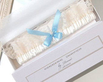 Ivory Lace Wedding Garter, Silk Bridal Garter, Something Blue
