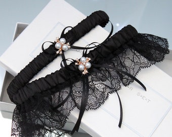 Zwarte kanten kousenbandset met goud, gothic bruiloft kousenband