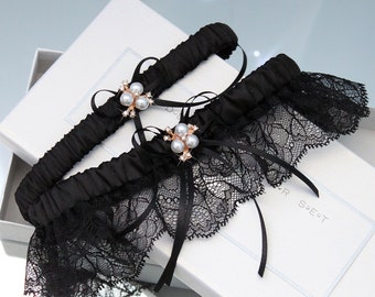 black lace garter set with gold, black and white wedding, black garter, black garter set, goth wedding, gothic wedding, plus size garter set