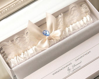 wedding garter in a gift box, ivory lace garter, something blue garter, something blue for bride, silk garter, with blue, lace garter, ivory