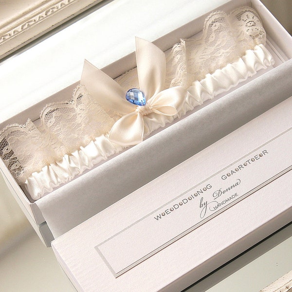 wedding garter in a gift box, ivory lace garter, something blue garter, something blue for bride, silk garter, with blue, lace garter, ivory