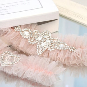 blush garter set, blush pink garter set, blush pink wedding garter set, bling garter set, crystal garter set, blush tulle garter set, gatsby image 3