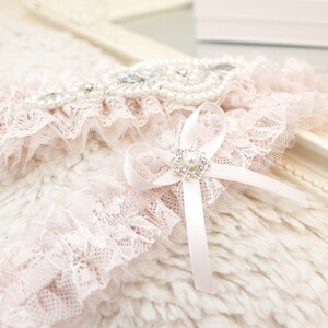 blush pink lace garter set, blush pink tulle garter set, blush pink garter set, blush pink wedding garter set, blush rose wedding garter set image 4