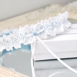 white garter, white lace garter, white wedding garter, white garter with blue, something blue for bride, bridal garter, non slip garter