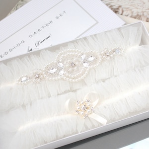 Ivory Tulle Wedding Garter Set, Pearls & Crystals