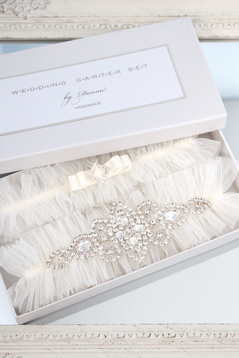 ivory tulle wedding garter set with crystals, ivory bling garter set, ivory gatsby garter set, crystal garter set, ivory tulle garter set image 5