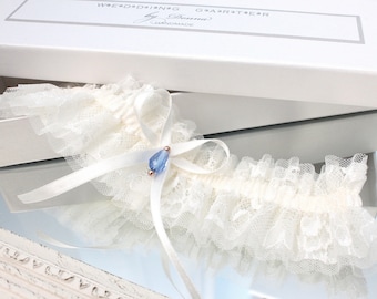 Ivory Lace Wedding Garter with Blue Detail