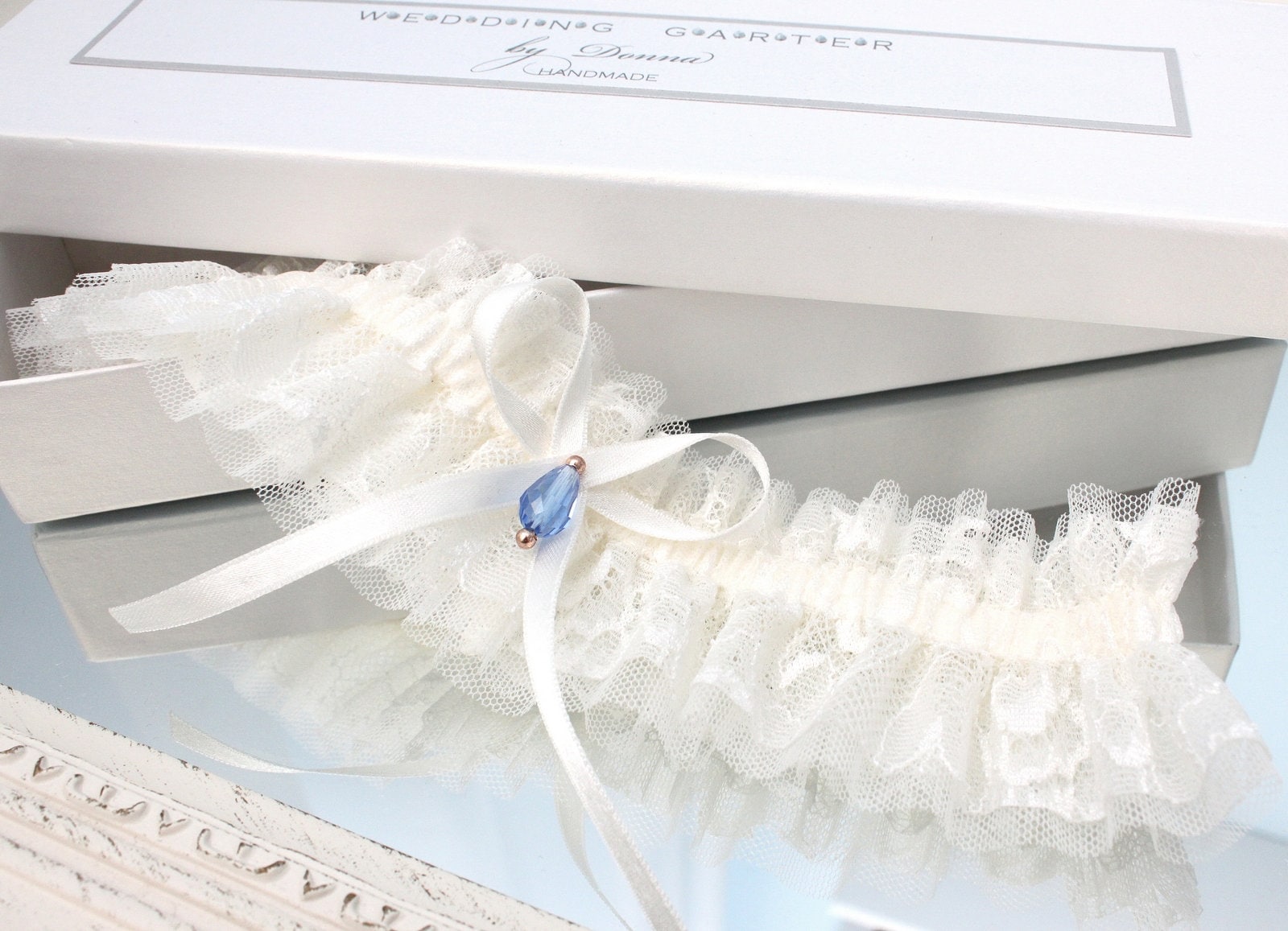 Giarrettiera Nuziale In Pizzo Blu Reale Con Fiori - Set 2 Pezzi, Da Lanciare - Foto 7