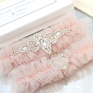 blush garter set, blush pink garter set, blush pink wedding garter set, bling garter set, crystal garter set, blush tulle garter set, gatsby image 2