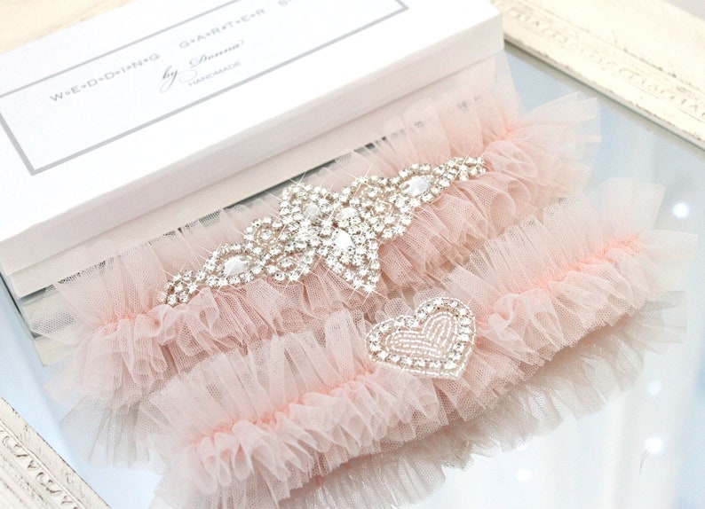 blush garter set, blush pink garter set, blush pink wedding garter set, bling garter set, crystal garter set, blush tulle garter set, gatsby image 2