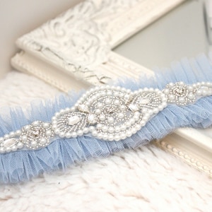 something blue for bride, something blue garter, blue wedding garter, blue garter, blue bridal garter, blue tulle garter, light blue garter