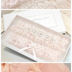 blush pink lace garter set, blush pink tulle garter set, blush pink garter set, blush pink wedding garter set, blush rose wedding garter set image 9