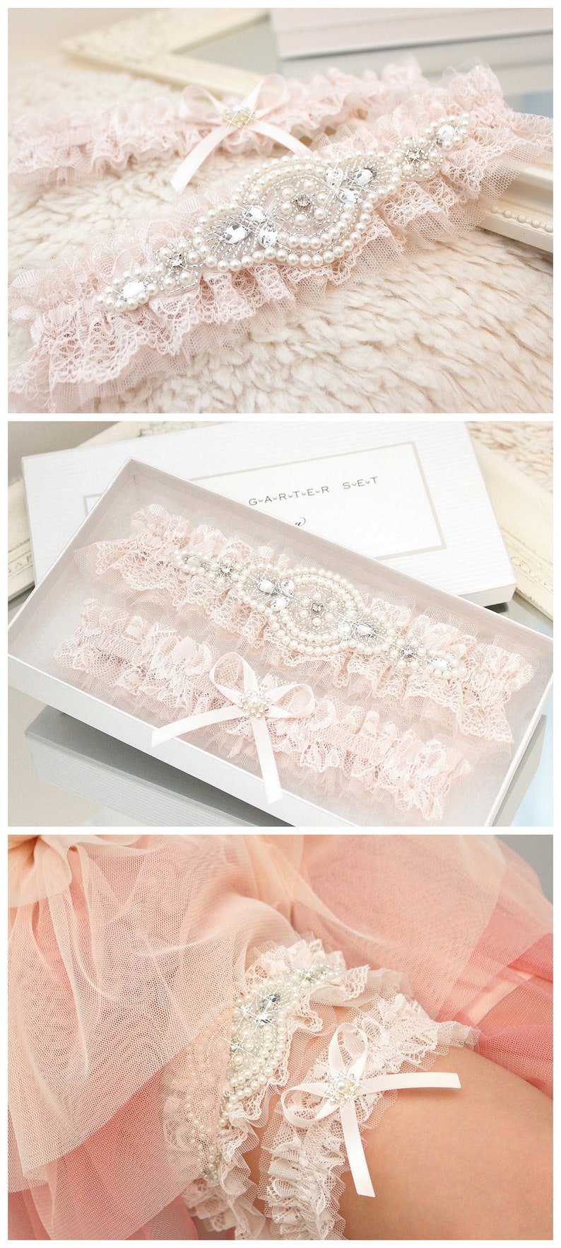 blush pink lace garter set, blush pink tulle garter set, blush pink garter set, blush pink wedding garter set, blush rose wedding garter set image 9