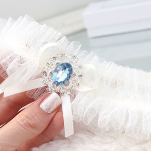 ivory tulle wedding garter with something blue, ivory tulle garter, ivory bridal garter, ivory garter with blue, wedding garter with blue