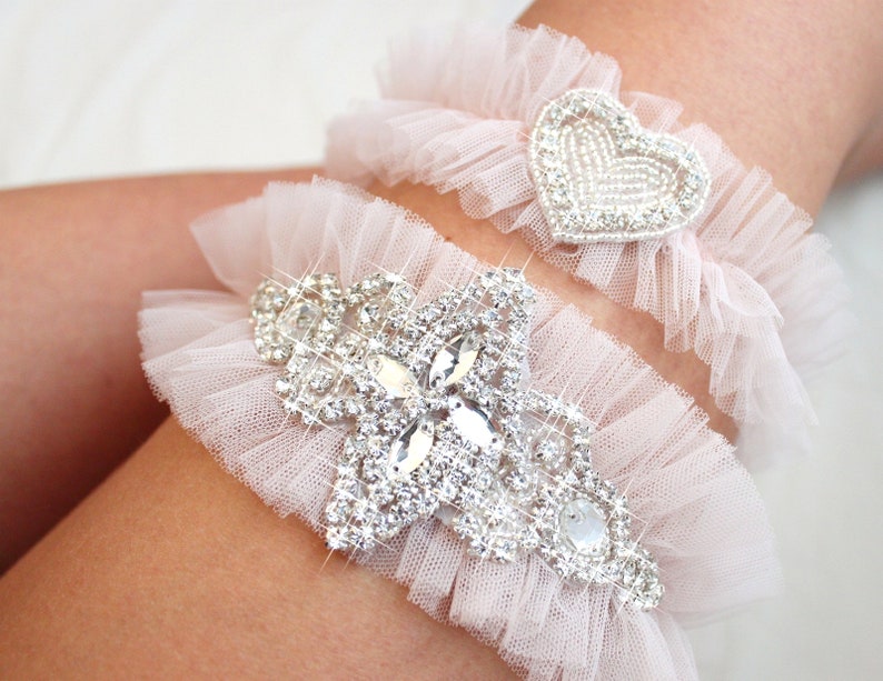 blush garter set, blush pink garter set, blush pink wedding garter set, bling garter set, crystal garter set, blush tulle garter set, gatsby image 5