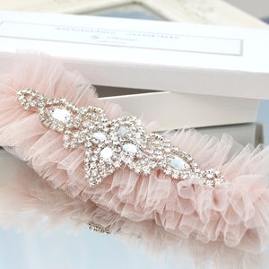 blush pink garter, blush wedding garter, blush tulle garter, bling garter, rhinestone garter, crystal garter, blush pink wedding, plus size