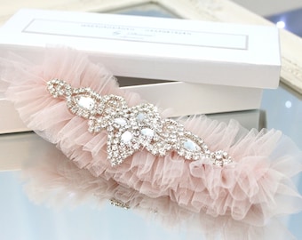 blush pink garter, blush wedding garter, blush tulle garter, bling garter, rhinestone garter, crystal garter, blush pink wedding, plus size