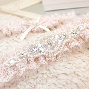 blush pink lace garter set, blush pink tulle garter set, blush pink garter set, blush pink wedding garter set, blush rose wedding garter set image 5