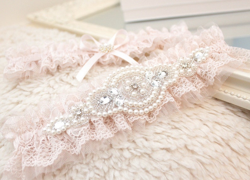 blush pink lace garter set, blush pink tulle garter set, blush pink garter set, blush pink wedding garter set, blush rose wedding garter set image 5