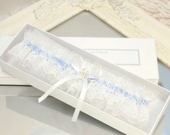 Something Blue Wedding Garter: White Lace and Tulle Bridal Garter with rhinestone charm