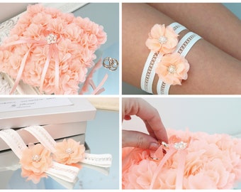 wedding set coral peach wedding garter set wedding ring bearer pillow, non slip garter set and ring bearer pillow, plus size garter set