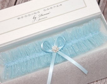 Liga de boda de tul azul, algo azul para novias