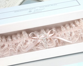 blush rose garter, blush pink wedding garter, garters for wedding, lace and tulle garter, garter with rhinestones, wedding garter blush rose