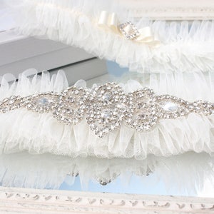 ivory tulle wedding garter set with crystals, ivory bling garter set, ivory gatsby garter set, crystal garter set, ivory tulle garter set image 2